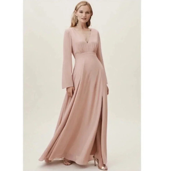 NWT Anthropologie BHLDN Doria Maxi Dress Long Sleeve V Neck Cocktail Pink 2 - Picture 1 of 10